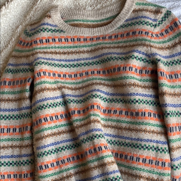 Women's Beige 100% Wool Crewneck Sweater with Orange & Green Stripes - Picture 3 of 5
